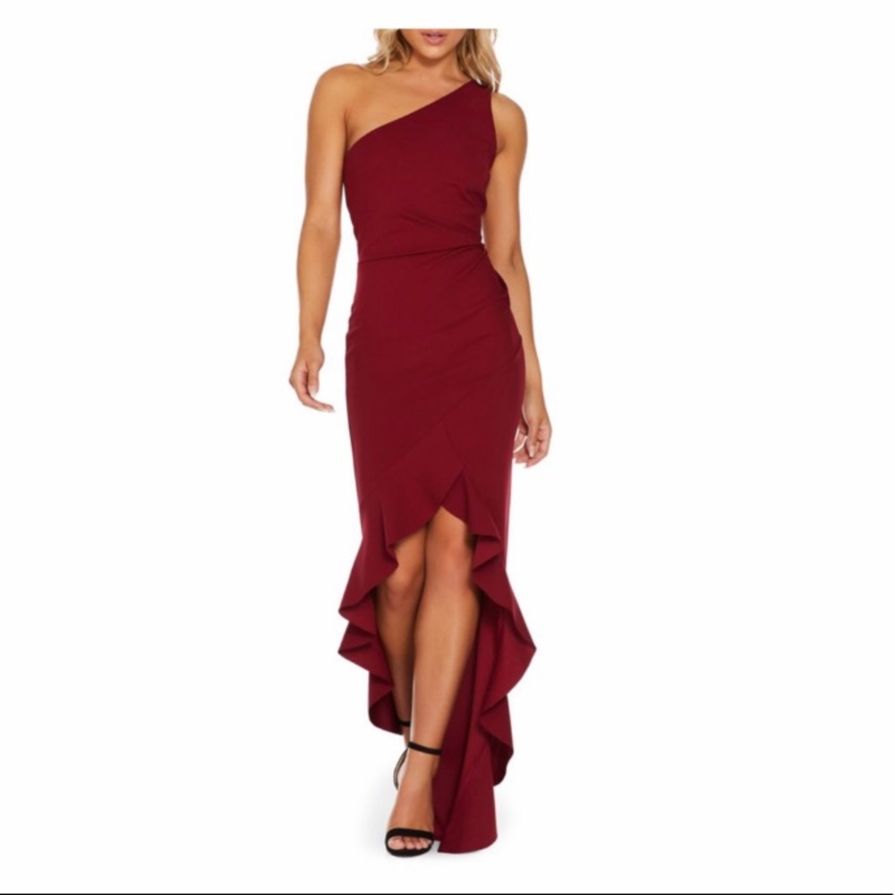 QUIZ ONE SHOULDER HI-LO RUFFLE - HEM DRESS